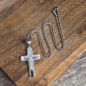 Stainless Steel Cross Crucifix Pendant Beaded Chain Necklace, Lobster Clasp
